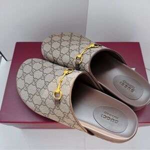 Gucci Women's Tan Monogram Clogs with Gold Detail